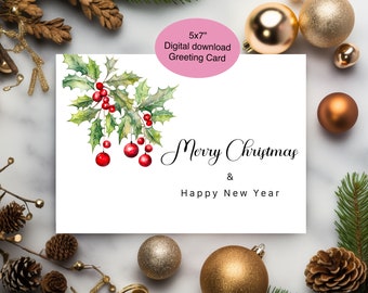 Tarjeta imprimible de Navidad y Año Nuevo, tarjeta de Navidad imprimible, tarjeta de Navidad digital, descarga digital, acuarela, diseño simple divertido