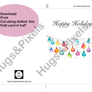 Happy holidays printable card, printable holidays card, digital happy holidays card, digital download, watercolour Christmas lights, fun zdjęcie 2