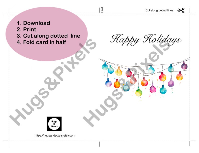 Happy holidays printable card, printable holidays card, digital happy holidays card, digital download, watercolour Christmas lights, fun zdjęcie 2