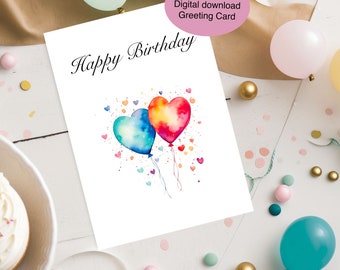 Happy birthday printable card, printable birthday card, digital birthday card, instant download, balloons, colourful, cute, fun, watercolour