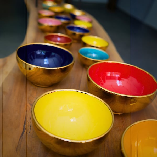 Ceramic Blue Bowl Gold Glazed Pottery Bowl for Shelf Decor Mother's day unique presents