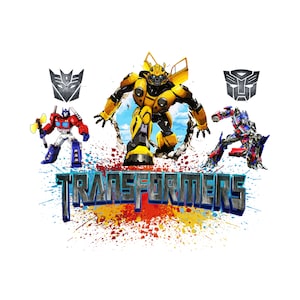 May include: A graphic featuring the Transformers logo and three Autobots: Optimus Prime and Bumblebee. The word "TRANSFORMERS" is displayed in a blue and silver font over a colourful paint splatter design. The background is white.
