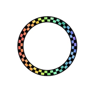 May include: A rainbow checkered circle frame with a black outline.