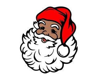 May include: A graphic illustration of a Santa Claus head featuring a red hat with a white pom-pom, a thick white beard, and a brown complexion. The character has a smiling expression with visible white eyebrows and a black outline style.
