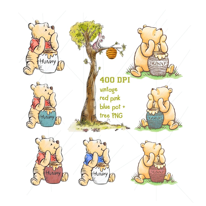 Modern Pooh Graphics Classic Pooh Bear PNG Clipart Bundle: Honey Jar Design (5 Files ...
