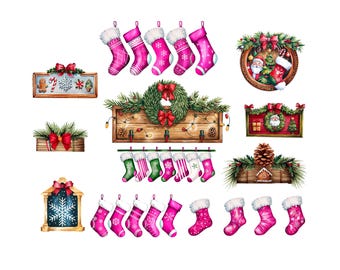 Könnte beinhalten: Eine Sammlung von weihnachtlichen Illustrationen mit rosa und grünen Strümpfen, Holzschildern mit Tannenzweigen, roten Schleifen, einem Kranz, einem Lebkuchenmann, einer Zuckerstange, Schneeflocken und einer Weihnachtsmannfigur.