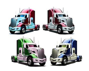 May include: Four semi-trucks in different colour schemes: red and light blue, red and white, green and white, and blue and white. Each truck has a silver grill and black tyres. The trucks are set against a white background.