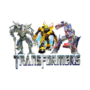 May include: Image shows three Transformers characters: a silver robot, a yellow robot, and a red and blue robot. The word "TRANSFORMERS" is displayed in a metallic, 3D font below the robots. The background is white.