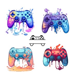 Puede incluir: Cuatro mandos de juego coloridos estilo acuarela. Cada mando presenta una combinación de colores única, incluyendo azul, morado, naranja y rojo, con goteos de pintura. Un gráfico de mando en blanco y negro está en el centro.