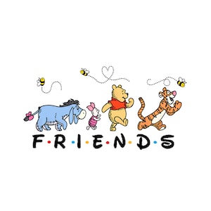Può includere: Un'illustrazione di cartoni animati di Winnie the Pooh, Tigro, Maialino e Ih-Oh che camminano insieme con la parola "FRIENDS" scritta sotto di loro. Ci sono api che volano intorno a loro.