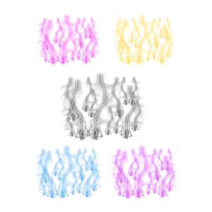 May include: Five different colored lightning bolt designs. The designs are in shades of pink, yellow, gray, light blue, and purple.