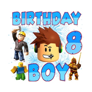 Puede incluir: Gráfico con temática de cumpleaños con las palabras "BIRTHDAY BOY 8" en azul, rodeado de personajes de dibujos animados. El número 8 es azul con detalles en rojo. Los personajes incluyen una figura con un martillo, una figura con auriculares y una figura con una espada.