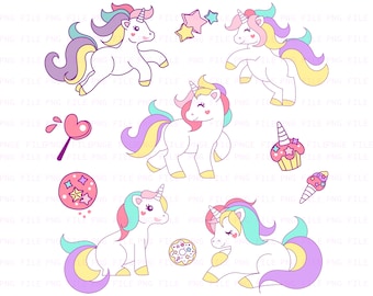 May include: A collection of cartoon unicorns in various poses, with colorful manes and tails. The image includes a heart-shaped lollipop, a cupcake, a donut, and star accents. The unicorns are white with pastel-colored details.