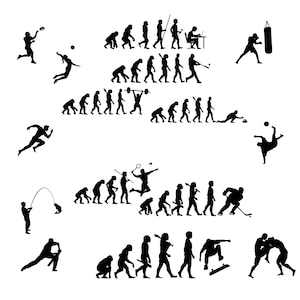 Peut inclure: Illustration en silhouette noire et blanche de personnes pratiquant divers sports et activités, notamment la course à pied, la boxe, le badminton, la pêche et le football. L'illustration comprend également une série de silhouettes représentant l'évolution de l'homme.