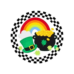 May include: A black and green pot filled with gold coins, a green leprechaun hat, and a rainbow with a white cloud on a black and white checkered background.