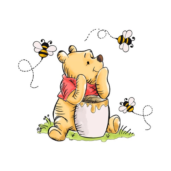 Paquete de imágenes prediseñadas digitales de acuarela de oso de miel, oso con olla de miel png svg de una sola capa sublime, oso de miel png, oso de dibujos animados png, abeja de miel