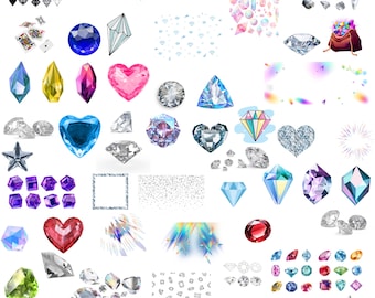 May include: A collection of gemstones in various shapes and colours. The image includes diamonds, rubies, sapphires, and other precious stones. Some are heart-shaped, others are square, and some are in a bag. There are also high heels and a crown.