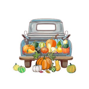 Può includere: Un camioncino blu vintage pieno di una varietà di zucche nei toni dell'arancione, verde, giallo e bianco. Le zucche sono di forme e dimensioni diverse, creando una scena autunnale festosa. Il camion è su sfondo bianco.