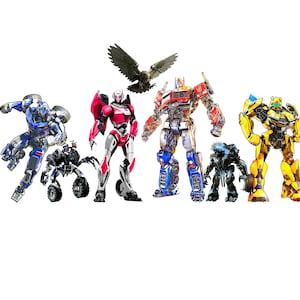 Puede incluir: Un grupo de robots Transformers coloridos y un pájaro se representan sobre un fondo blanco. Los robots varían en color, incluyendo azul, rojo, amarillo y negro. El pájaro es oscuro con las alas extendidas.