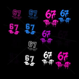 May include: A collection of graphic designs featuring the number "67" in various colors, including pink, blue, and white. Each design shows the number held by a pair of hands. The designs are set against a black background.