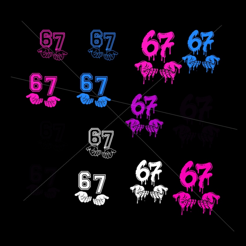 May include: A collection of graphic designs featuring the number "67" in various colors, including pink, blue, and white. Each design shows the number held by a pair of hands. The designs are set against a black background.