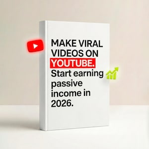 Puede incluir: Un libro blanco con el texto "MAKE VIRAL VIDEOS ON YOUTUBE. Start earning passive income in 2026." Un logotipo rojo de YouTube y una flecha verde ascendente están junto al libro.