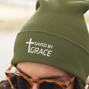 Saved by Grace embroidered knit cuffed beanie Christian beanie Saved by grace hat Religious gift Unisex Faith wear Church outfit Gift idea