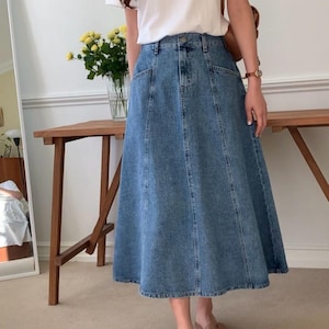 Denim Back Elastic Flare Midi Skirt