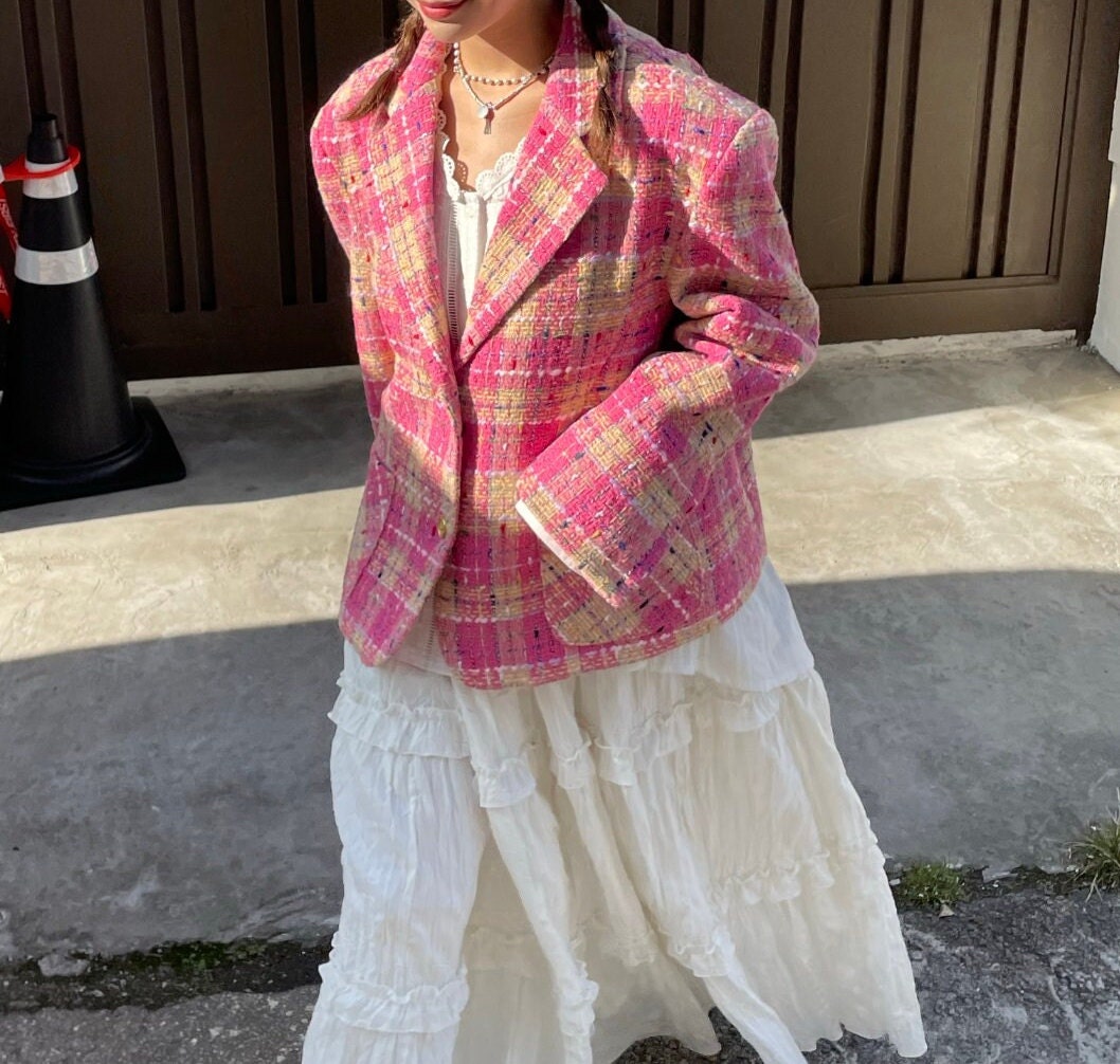 Plaid Wool Tweed Jacket (Pink)