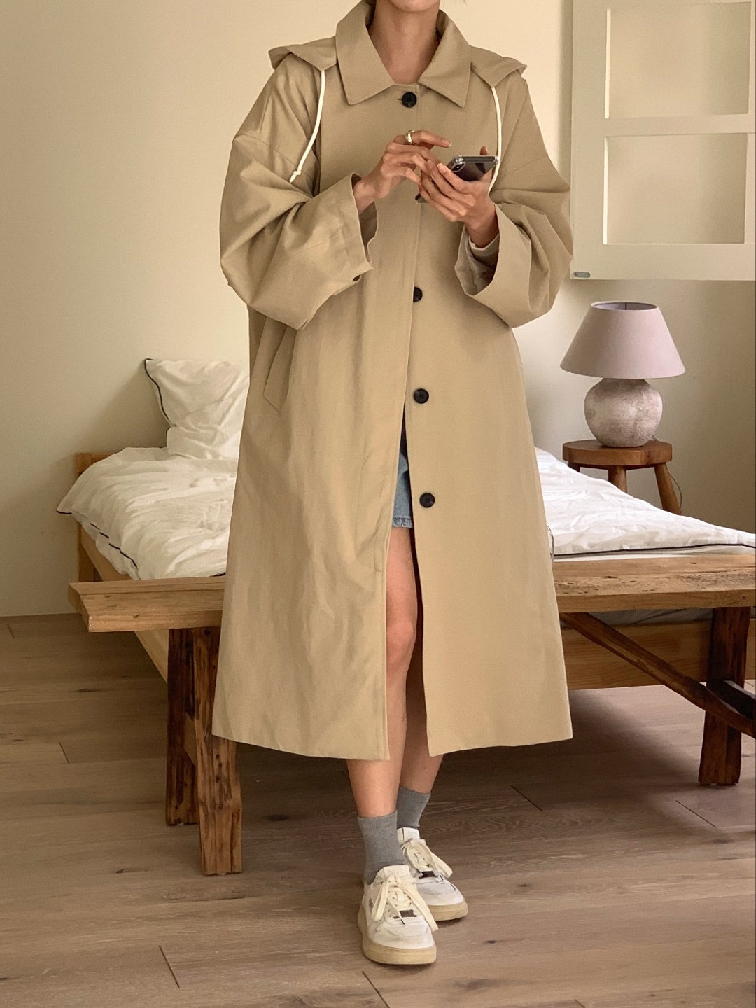 新品未使用 Eaphi long trench coat Double-breasted casual lace-up over the knee long trench