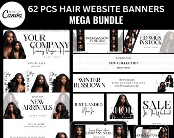 May include: A collection of 62 website banners for a hair company. The banners feature images of women with different hairstyles, text that says "Your Company Luxury Virgin Hair", "Shop Now", "New Arrivals", "Winter Bussdown", "Sale", "Book Now", "Appointments Are Live", and "Shop Our Bundles".