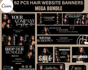 DIY Black Hair Website Banner Set | 62 Pcs Mega Bundle | Shopify Hair Extensions | Hair Boutique Store Design | Website Design Templates Set