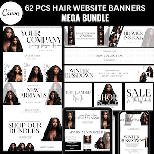 DIY Hair Website Banner Set | 62 Pcs Mega Bundle | Shopify Hair Extensions | Hair Boutique Store Design | Website Design Templates Set|White