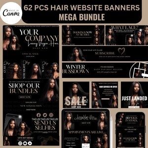 Pode incluir: Uma coleção de 62 banners de site para uma empresa de cabelo. Os banners apresentam imagens de mulheres com diferentes penteados, juntamente com texto que promove os produtos e serviços da empresa. Os banners são projetados em um esquema de cores preto e dourado e apresentam uma variedade de fontes e gráficos.