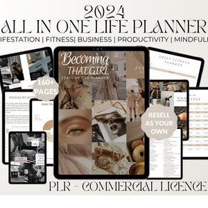 May include: A digital product mockup featuring a planner with the title "Becoming That Girl Level Up Life Planner" and the text "2024 All in One Life Planner Manifestation | Fitness | Business | Productivity | Mindfulness" and "PLR - Commercial Licence".