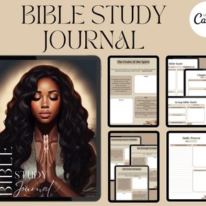 PLR digital journal, bibelstudieguide Canva journalmall för kvinnor, journaluppmaningar, svart tjej bibeljournal, bibelstudiebönejournal