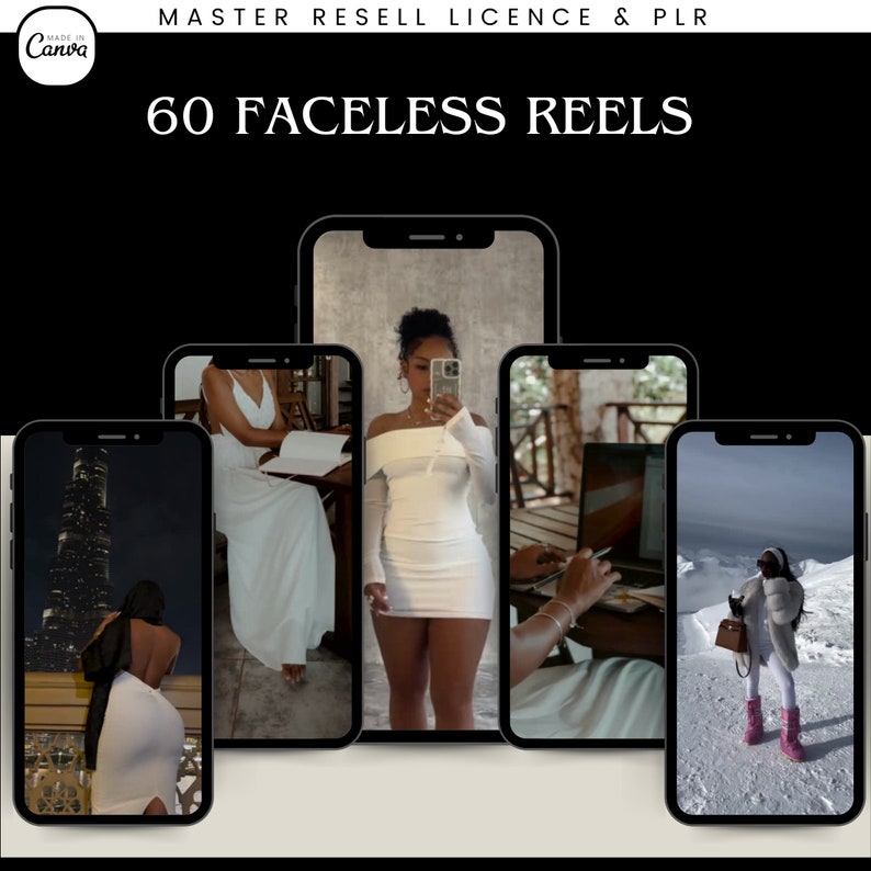 May include: A collection of six phone screens showcasing different scenes, including a woman in a white dress, a woman in a white dress, a woman in a white dress, a woman working on a laptop, a woman walking in the snow, and a city skyline at night. The text "60 FACELESS REELS" is displayed at the top of the image.