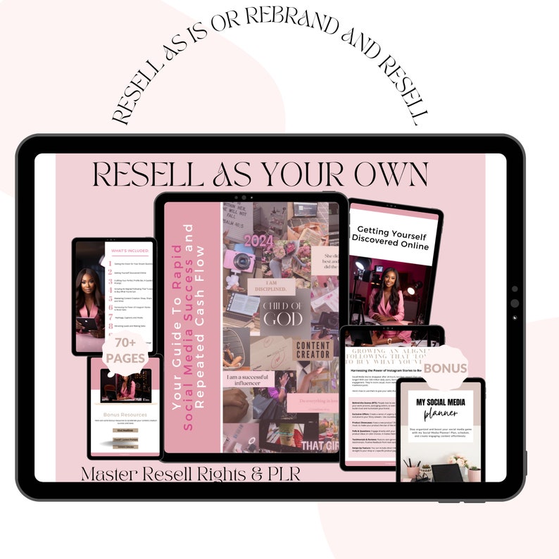May include: A pink and white digital tablet screen displaying a digital product marketing image. The image shows a collection of digital products, including a guide to rapid social media success, a guide to getting discovered online, and a social media planner. The text "Resell as your own" is displayed in large white letters on the screen.
