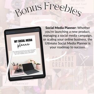 May include: A digital tablet displaying a social media planner with the text "My Social Media Planner" and the tagline "Stay organized and boost your social media game with my Social Media Planner Plan, schedule, and create engaging content effortlessly."