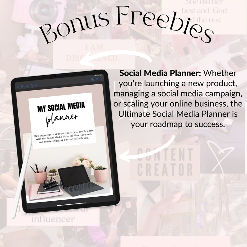 May include: A digital tablet displaying a social media planner with the text "My Social Media Planner" and the tagline "Stay organized and boost your social media game with my Social Media Planner Plan, schedule, and create engaging content effortlessly."