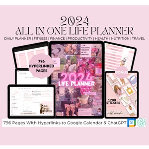 Könnte beinhalten: Ein rosa-weißer digitaler Planer mit dem Text "2024 All in One Life Planner" und "796 Hyperlinked Pages". Der Planer enthält Abschnitte für die tägliche Planung, Fitness, Finanzen, Produktivität, Gesundheit, Ernährung und Reisen. Er enthält auch 1200 Sticker.