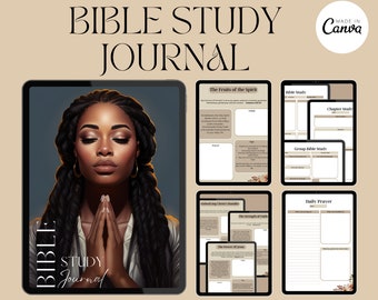 PLR Digital Journal, Guida allo studio della Bibbia Modello di diario Canva per donne, suggerimenti per il diario, diario biblico per ragazze nere, diario di preghiera per lo studio della Bibbia