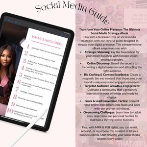 May include: A pink and white digital tablet with a social media guide on the screen. The guide is titled "Social Media Guide" and includes a list of 10 steps for transforming your online presence. The steps include setting the vision for your dream business, getting yourself discovered online, crafting your perfect profile bio, growing an aligned following, mastering content creation, harnessing the power of Instagram stories, attracting leads and making sales, overcoming sales objections, recognizing and amping up self-care.