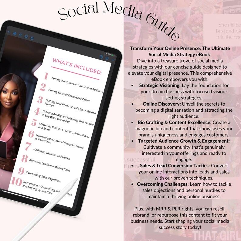 May include: A pink and white digital tablet with a social media guide on the screen. The guide is titled "Social Media Guide" and includes a list of 10 steps for transforming your online presence. The steps include setting the vision for your dream business, getting yourself discovered online, crafting your perfect profile bio, growing an aligned following, mastering content creation, harnessing the power of Instagram stories, attracting leads and making sales, overcoming sales objections, recognizing and amping up self-care.