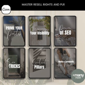 May include: A collage of six digital images with text overlays. The images are of a palm tree, a white building, a straw hat, a green door, a striped wall, and a woman sitting on the ground. The text overlays include "Prime Your Posts", "Maximize Your Visibility", "Power of SEO", "SEO Tricks", "Content Pillars", and "Reels & Carousels for Reach". The text "+many more!" is also included.