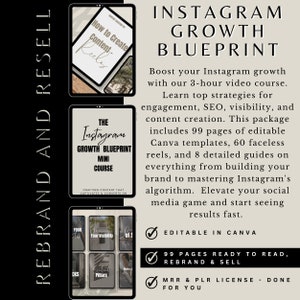 May include: A digital product mockup on a tablet screen. The product is an Instagram growth blueprint course with 99 pages of editable Canva templates, 60 faceless reels, and 8 detailed guides. The course is designed to help users grow their Instagram accounts.