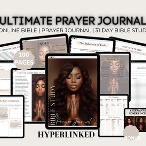 Puede incluir: Un diario digital de 100 páginas para la oración y el estudio de la Biblia. La portada presenta a una mujer con las manos juntas en oración. El diario está hipervinculado e incluye 3 portadas de diario adicionales.