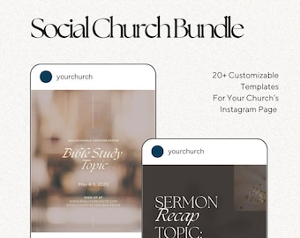May include: Two Instagram post templates for a church. The first post is a light brown background with the text "Bible Study Topic" and "May 4-5, 2025". The second post is a dark brown background with the text "SERMON Recap TOPIC: INSERT HERE" and "SWIPE". Both posts have a blue circle with the text "yourchurch" in the top left corner.