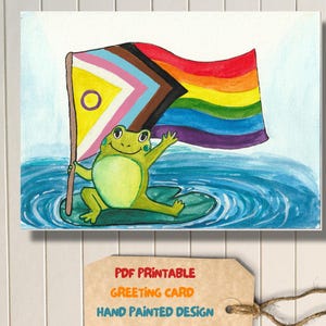 Drapeau de la fierté progressiste Grenouille dans un étang Carte de voeux Anniversaire Rainbow Pride