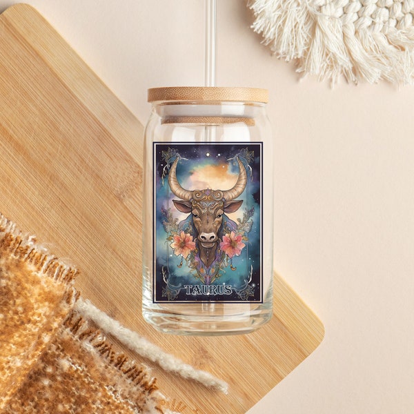 Gift For Zodiac Lover, Taurus Zodiac Sign, Taurus Nutritional Facts on Back, Gift for Woman, Gift for Teen, Astrology Ice Coffee Glass